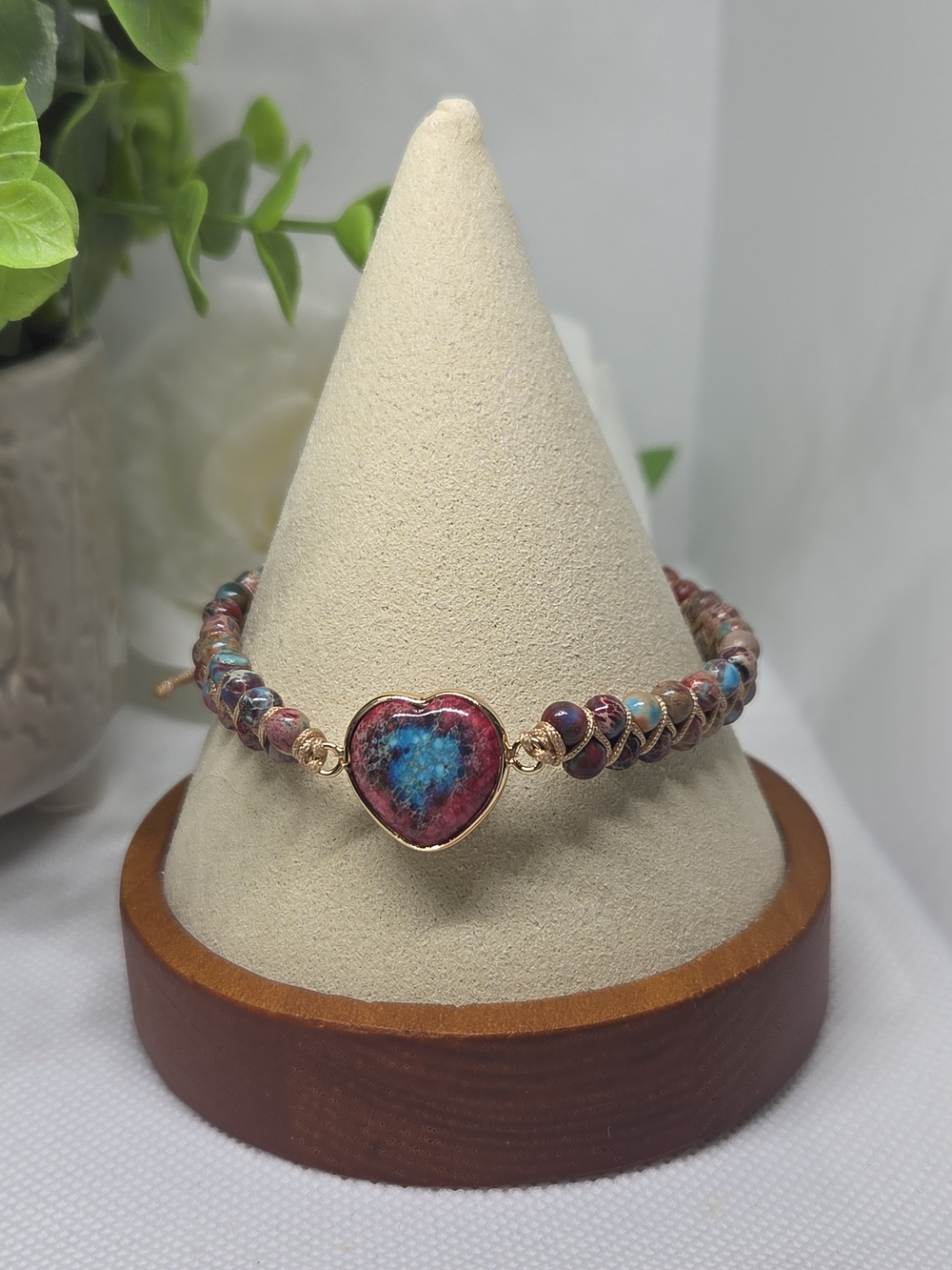 Handcrafted Pink & Blue Heart Beaded Bracelet With Leather Pulley
